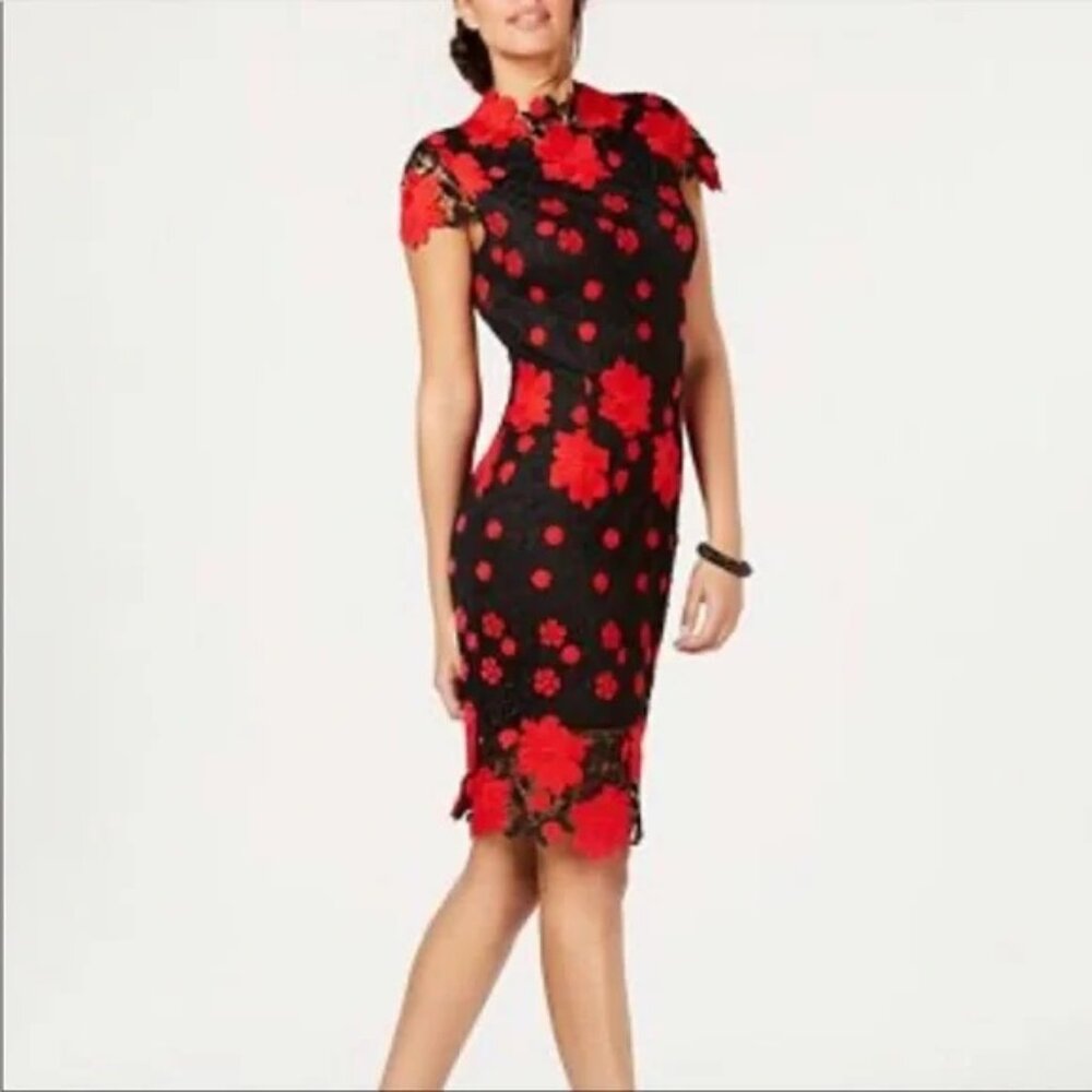 Laundry by Shelli Segal Mock Neck Lace Web Red & Black Dress - Size 0 (NWT)